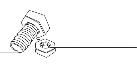 Screw, nail, bolt one line art. Continuous line drawing of repair, professional, hand, people, concept, support, maintenance, Screw, bolt and nut, dowel, pin, pintle one line art. Continuous line draw