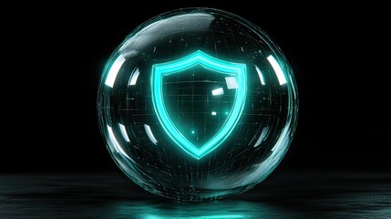 Glowing cyan shield inside a glass sphere with a dark background and reflections on a shiny surface