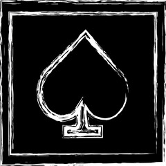 White hand drawn Spade Icon on Black Background. Playing Card Symbol Illustration in frame with brush stroke border.