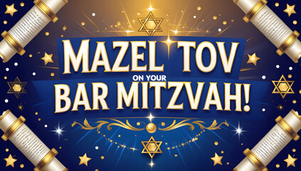 A festive Bar Mitzvah invitation! Gold lettering on a navy blue background with sparkling stars and Torah scrolls.  Perfect for celebrating a special milestone.