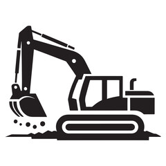Excavator Vehicle Digging on Ground Black and White Silhouette Design