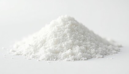 Pile of white granulated sugar on white background, sweet, candy making, cooking