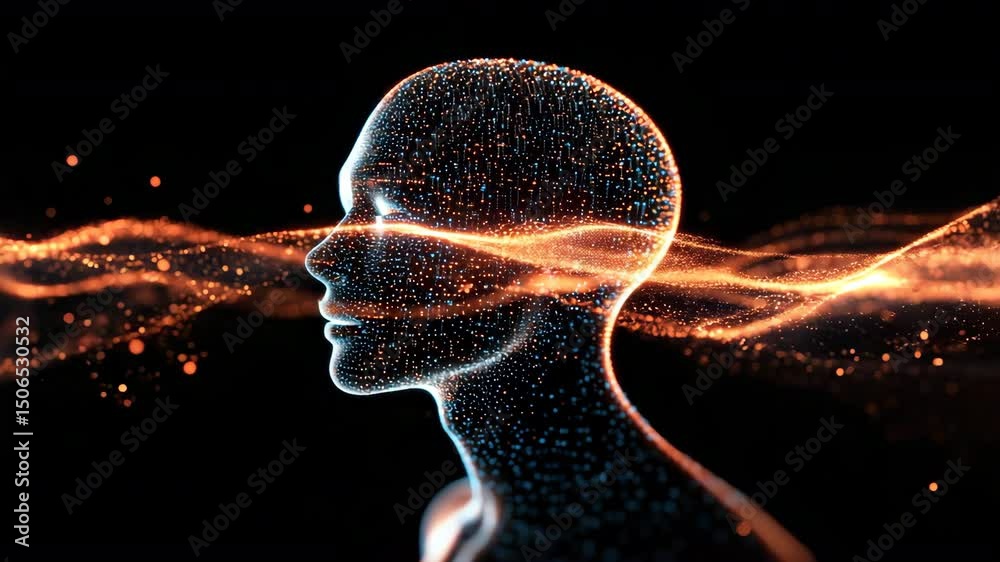 Poster futuristic digital brain composed of glowing binary code and circuit lines – artificial intelligence