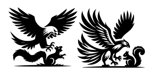 Obraz premium Hawk Attacking Squirrel Silhouette Icon Logo Black Vector