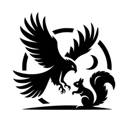 Fototapeta premium Hawk Attacking Squirrel Silhouette Icon Logo Black Vector