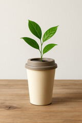 Obraz premium Fresh Green Plant Sprouting from a Reusable Coffee Cup on a Wooden Surface - Symbolizing Sustainability, Growth, and Eco-Friendly Concepts