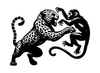 leopard attack on monkey silhouette vector