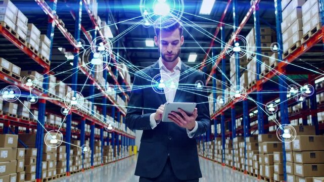 Warehouse Management & Digital Connectivity: A businessman expertly navigates the digital landscape within a warehouse, using a tablet to manage inventory and connect with a network of collaborators. - Powered by Adobe