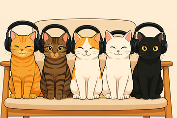 Anime Style Illustration of Five Cats Listening to Music with Headphones - Generative AI