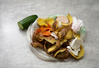 food scraps and skins in an eco-bag lie on the kitchen table. Organic mix. Composting