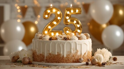 Number 25 birthday cake with LED candle on white background, modern celebration concept