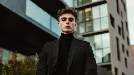 Obraz premium Man standing outdoors in front of modern building