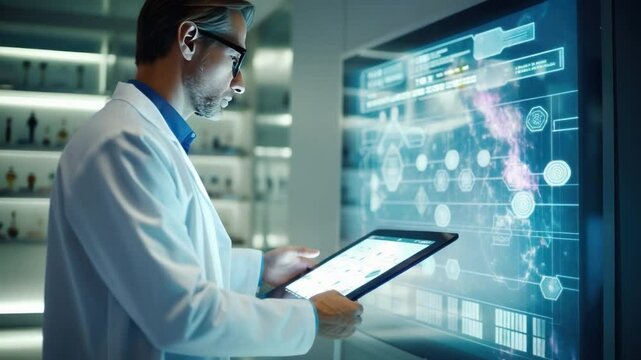 Unveiling Science: A focused scientist, enveloped in the futuristic glow of technology, delves into complex scientific data, a tablet in hand, showcasing innovation. 
