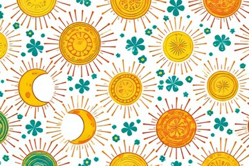 Sun Moon Flower Pattern Design for Textiles or Wallpaper