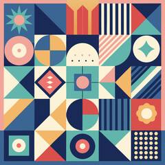Geometric pattern vector background with Scandinavian abstract color or Swiss geometry prints of rectangles, squares and circles shape design
