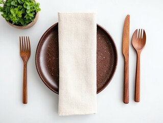 Minimalist plant-based dining setup, sleek plates, wooden cutlery, natural linen napkins