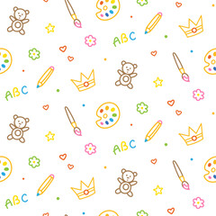 Seamless pattern with colorful doodle kid drawing. Fun childish drawings of toys,, cloud, bee, butterfly and flower isolated on white background.