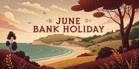 Celebrate June Bank Holiday with a Retro Travel Poster Depicting Coastal Hills and Warm Tones