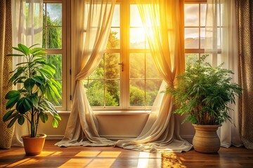 Fototapeta premium Sunny Room with Window, Curtains, and Plants