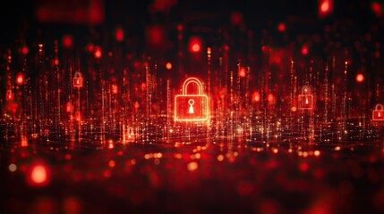 Obraz premium Illuminated red padlocks floating amidst glowing lines and bokeh lights on a dark background