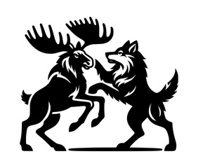 Fototapeta premium Moose Fighting Wolf Silhouette Icon Logo Black Vector