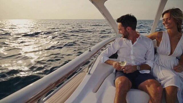 Luxury on the Waves: A stylish couple enjoys a sunset yachting experience. Smiling with delight and sharing tender moments in the sun. 