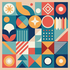 Geometric pattern vector background with Scandinavian abstract color or Swiss geometry prints of rectangles, squares and circles shape design