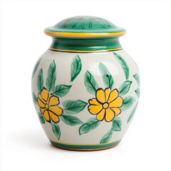 Hand painted ceramic jar with yellow floral motif and green leaf pattern, traditional decorative kitchenware