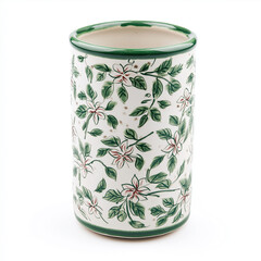 Handcrafted ceramic vase with green leaves and floral pattern, decorative rustic pottery with artistic botanical design