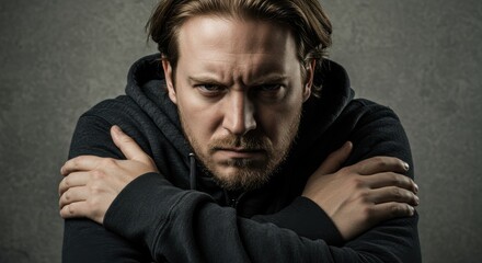Obraz premium Intense Portrait of a Man with Crossed Arms Against a Dark Textured Background