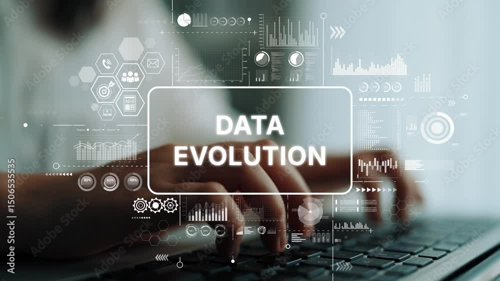 Poster hands typing on keyboard with graphical overlay showing concepts of data evolution and technology ad