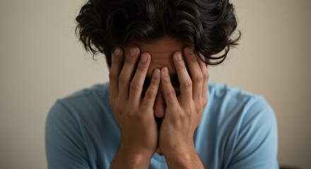Fototapeta premium Man in distress covering his face with hands in a neutral indoor setting