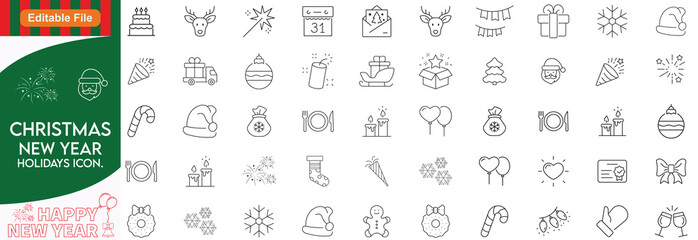 Christmas line editable icon set. contains such icons as Santa Claus, Christmas, Gift, Reindeer, Christmas Tree, Snowflake, and more. Vector illustration