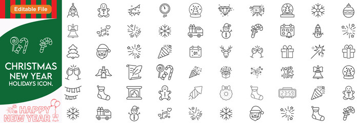 Christmas line editable icon set. contains such icons as Santa Claus, Christmas, Gift, Reindeer, Christmas Tree, Snowflake, and more. Vector illustration