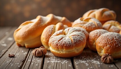 Artisanal baked goods dusted with powdered sugar sitting atop rustic wooden surface