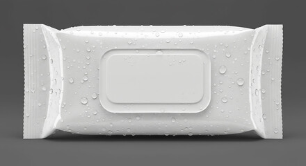 A close up of a white package of wet wipes with water droplets on a gray background studio shot