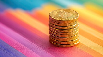 A stack of bitcoin coins on a colorful striped background with vibrant hues and bright lighting