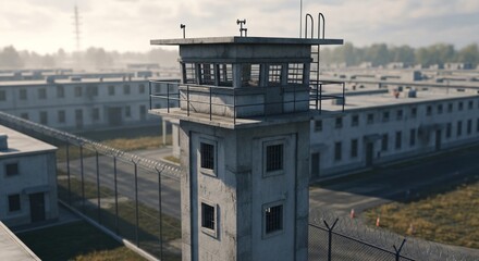 The high watchtower in the courtyard of the prison symbolizes security, surveillance and prison conditions.