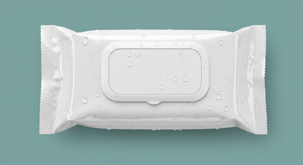 A package of wet wipes with water droplets on a light blue background in a studio setting