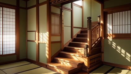 Obraz premium Elegant Japanese Interior with Sunlight Streaming Through Shoji Windows and Wooden Staircase