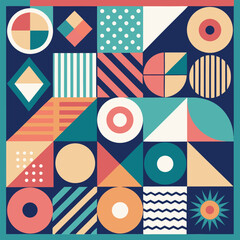Geometric pattern vector background with Scandinavian abstract color or Swiss geometry prints of rectangles, squares and circles shape design