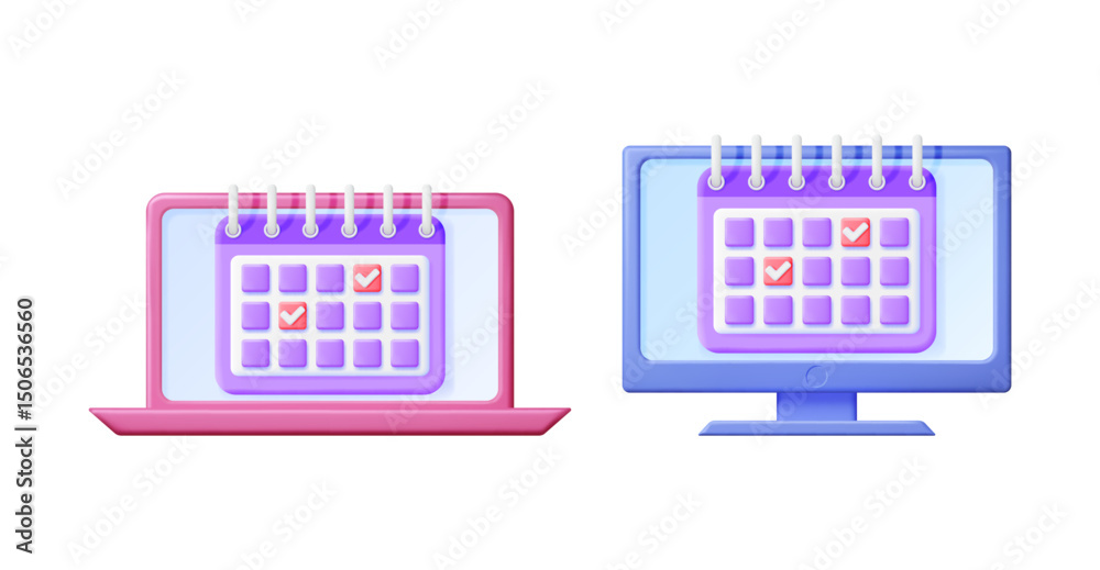 Poster calendar page with checkmark on laptop and computer screen. scheduling and time management concept f