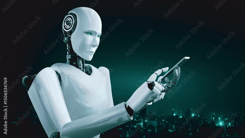 Poster robot hominoid use mobile phone or tablet for global network connection using ai thinking brain , ar