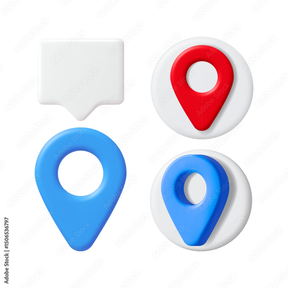 Poster set of 3d vector maps pins and speech bubble notification icon. location mark and chat sign. concept