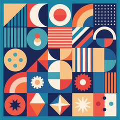 Geometric pattern vector background with Scandinavian abstract color or Swiss geometry prints of rectangles, squares and circles shape design