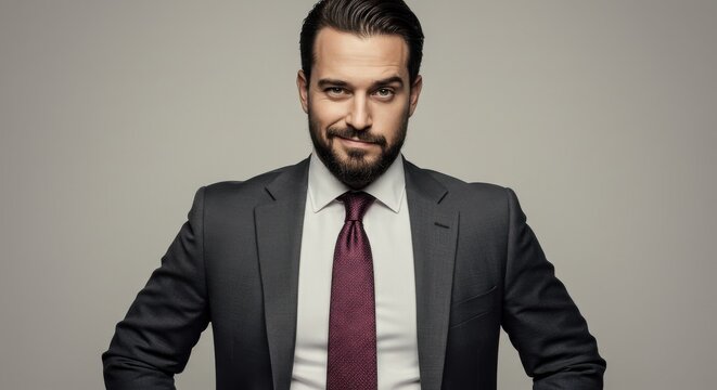 Confident businessman in a suit with a smirk against a neutral background