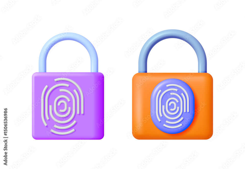 Poster two vector 3d padlocks with fingerprint scanners for secure digital identity and access control onli