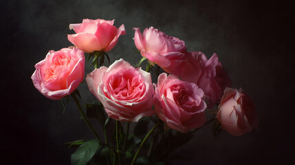 Fototapeta premium ドラマチックな光に照らされたピンクローズ──高級感ある空間演出に適したクラシカル素材