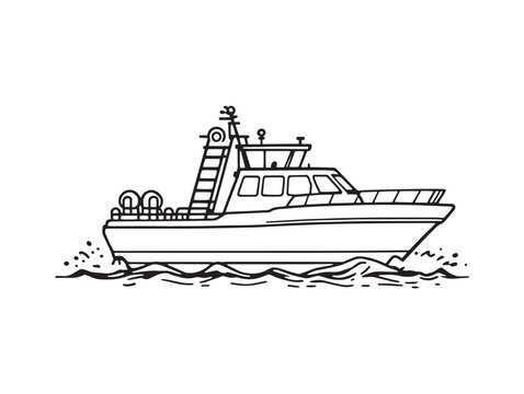 fireboat line art showing rescue operations in clear outlines