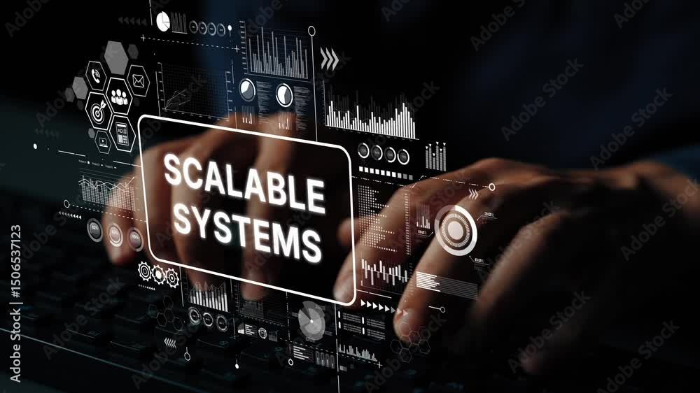 Poster modern technology concept with hands typing on keyboard and digital graphics for scalable systems an